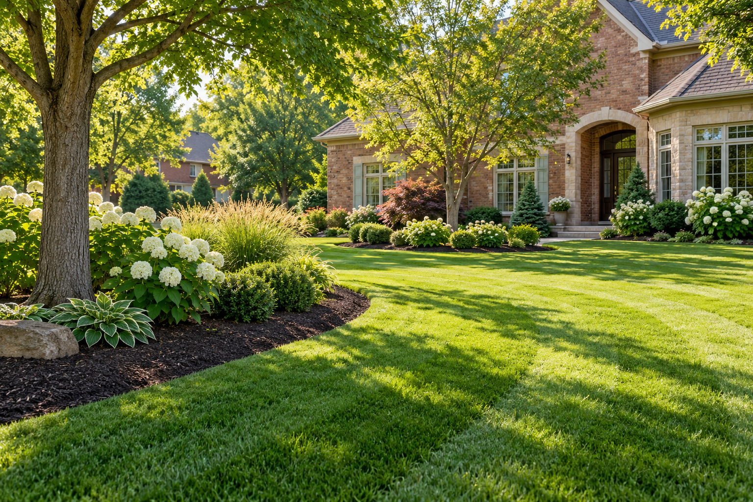 Lush striped lawn beside a brick home with fresh mulch and flowering hydrangeas